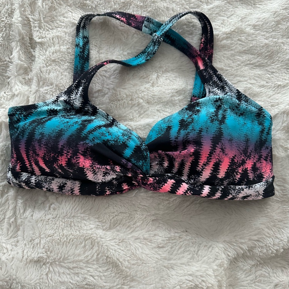 Vibrant Blue and Pink Halter Bikini with Molded Cups